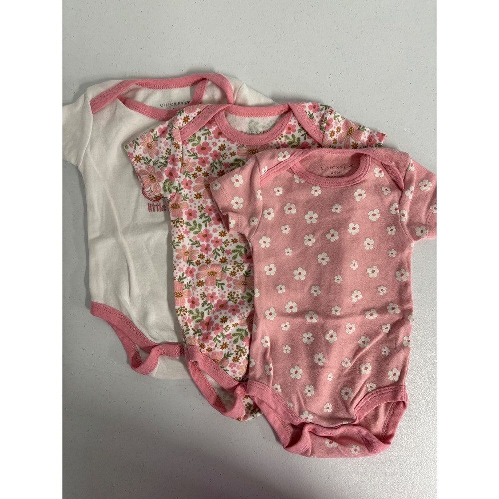 Chickpea Baby Girl Floral Bodysuit 3 Pack Pink White 6-9 Months Short Sleeve